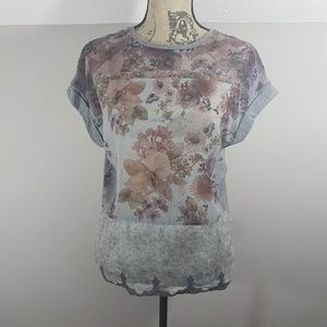 Zara Gray Floral Sheer Overlay & Lace Detail Top S
